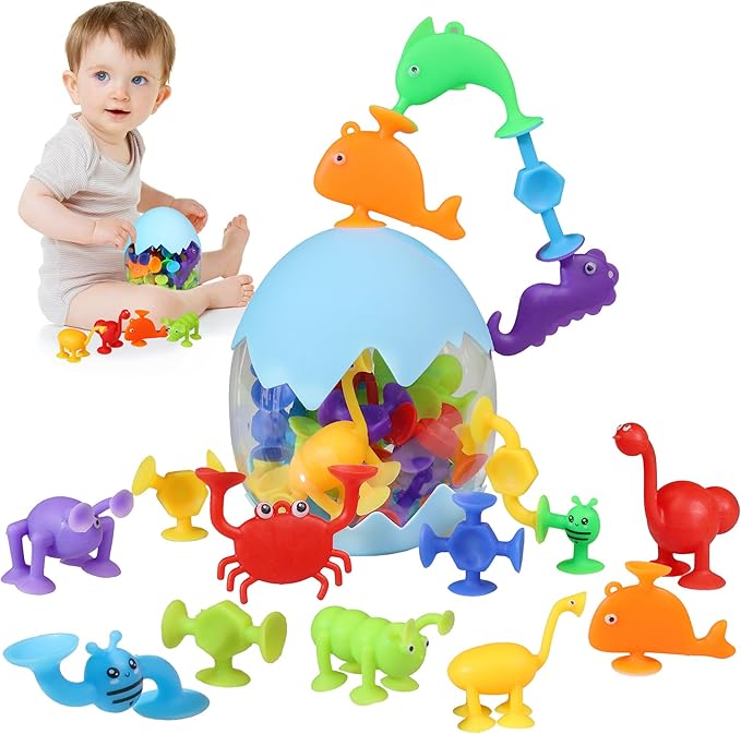 JoySprout Suction Bath Toys for Toddlers 1-3, 30PCS Ocean Animal Suction Cup Toys – Silicone Sensory Suction Toys for Kids, No-Hole Mold-Free Bathtub Toys, Stick to Window & Wall
