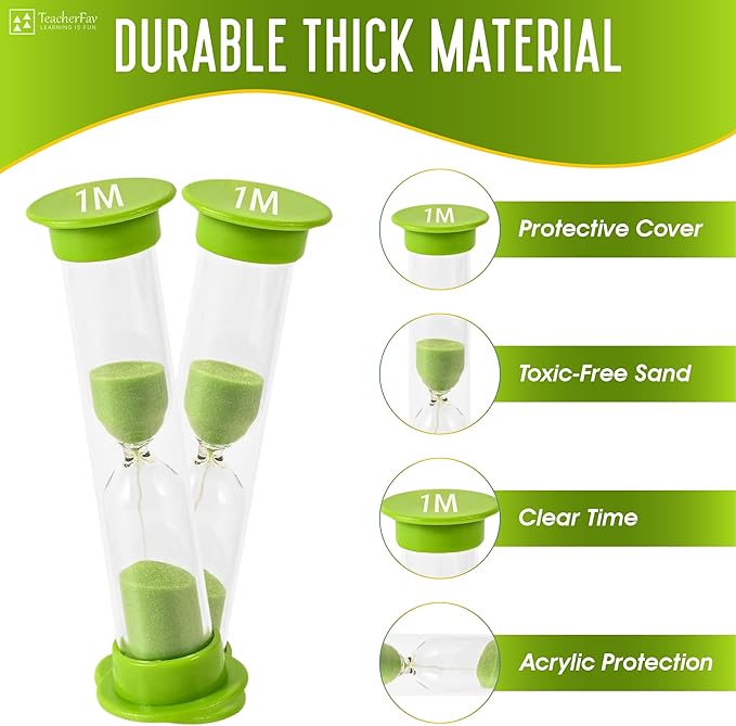 Sand Timer for Kids - 1 Minute Set of 4 Hour Glass - Green Color- Acrylic Covered for Classroom, Home & Kids Room
