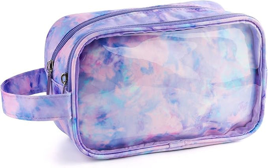 Kids Toiletry Bag for Girls, Travel Clear Toiletry Bag for Little Young Girls Cosmetic Bag Makeup Bag Waterproof Hanging Toddler Wash Bag, Purple Tie Dye