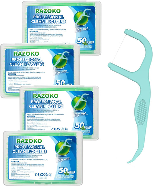 RAZOKO Dental Floss Picks Extra Strong Flosser Pick Toothpicks Fresh Mint 200 Count