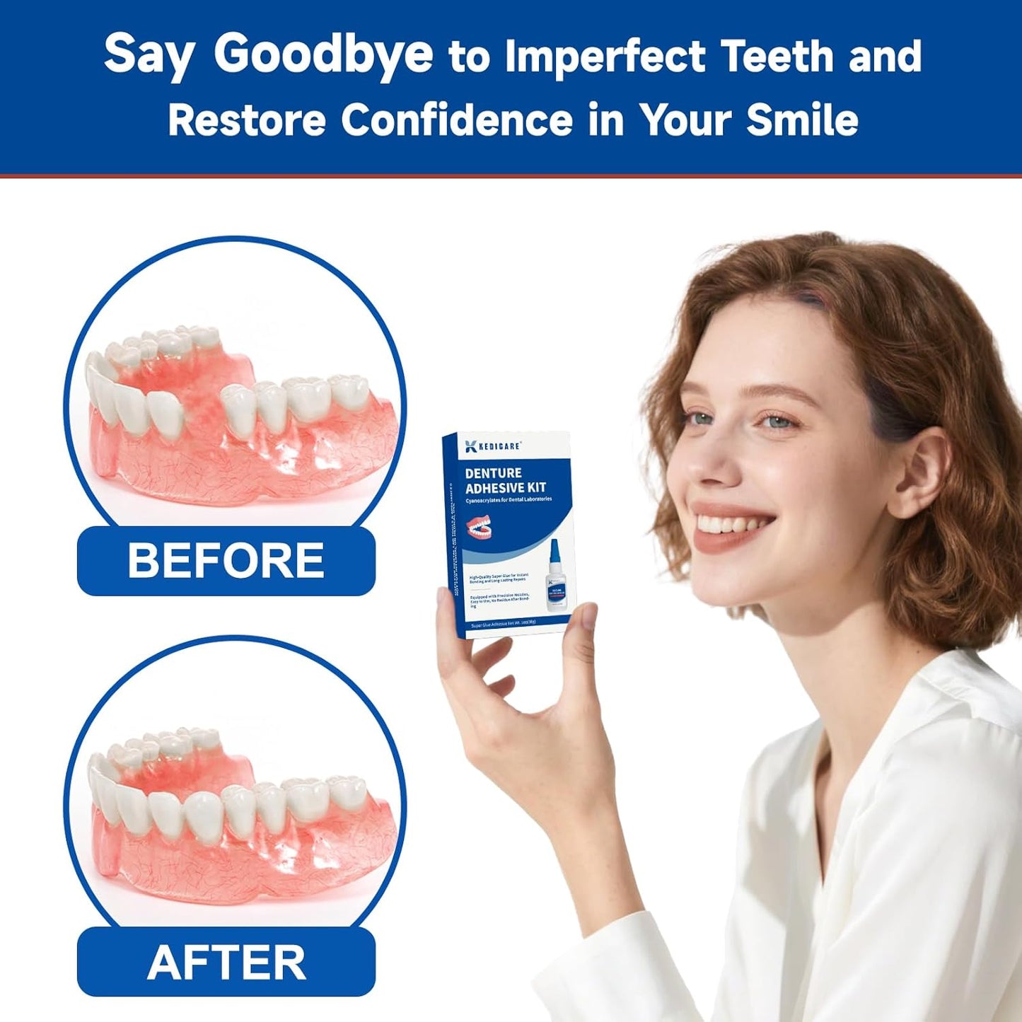 Dental Lab Denture Repair Glue Kit (1oz), Instant Bonding Denture Adhesive, Repair Cracks and Secure Loose Teeth, Safe Bonding No Irritating Odour