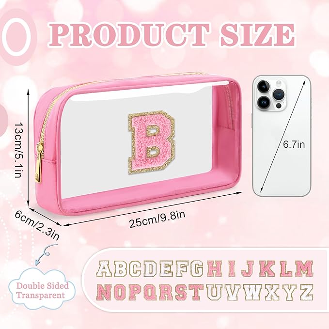 Small Clear Personalized Initial Makeup Bag,Nylon Preppy A-Z Chenille Letter Patch Cosmetic Pouch Beach Toiletry Bag,Waterproof Zipper Travel Purse Storage Bag Organizer for Women Girls(Pink-Pink B)