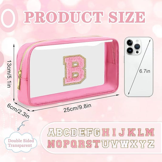 Small Clear Personalized Initial Makeup Bag,Nylon Preppy A-Z Chenille Letter Patch Cosmetic Pouch Beach Toiletry Bag,Waterproof Zipper Travel Purse Storage Bag Organizer for Women Girls(Pink-Pink B)