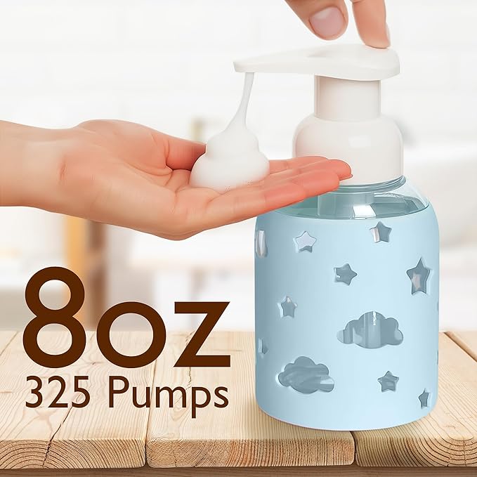 SoCal Suds & Company Glass Foaming Hand Soap Dispenser, Soft Grip Silicone Sleeve, Refillable Pump Bottle for Kids, Baby Wash & Shampoo, Ideal for Home Use, Light Blue 8oz