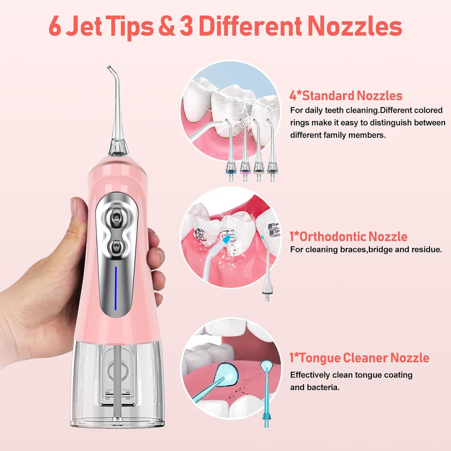 NBGRLVS Water Dental Picks for Teeth Cleaning,6 Modes 6 Tips and Storage Case Water Dental Flossers Cordless 320ML IPX 7 Waterproof Rechargeable Portable Electric Dental flosser for Trave Home (Pink)