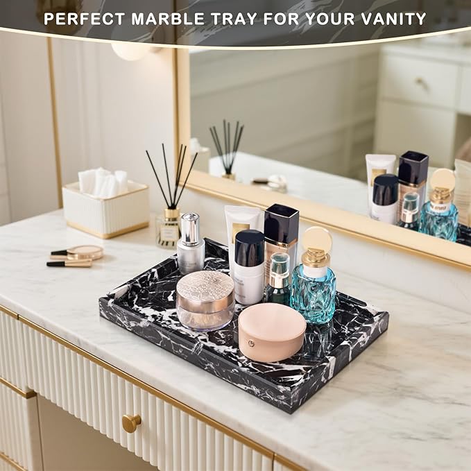 Marble Bathroom Tray for Countertop & Home Decor, Natural Decorative Marble Tray for Jewelry & Perfume Organizer, Luxury Stone Vanity Trays for Dresser, Kitchen Counter, 12" x 8", Black