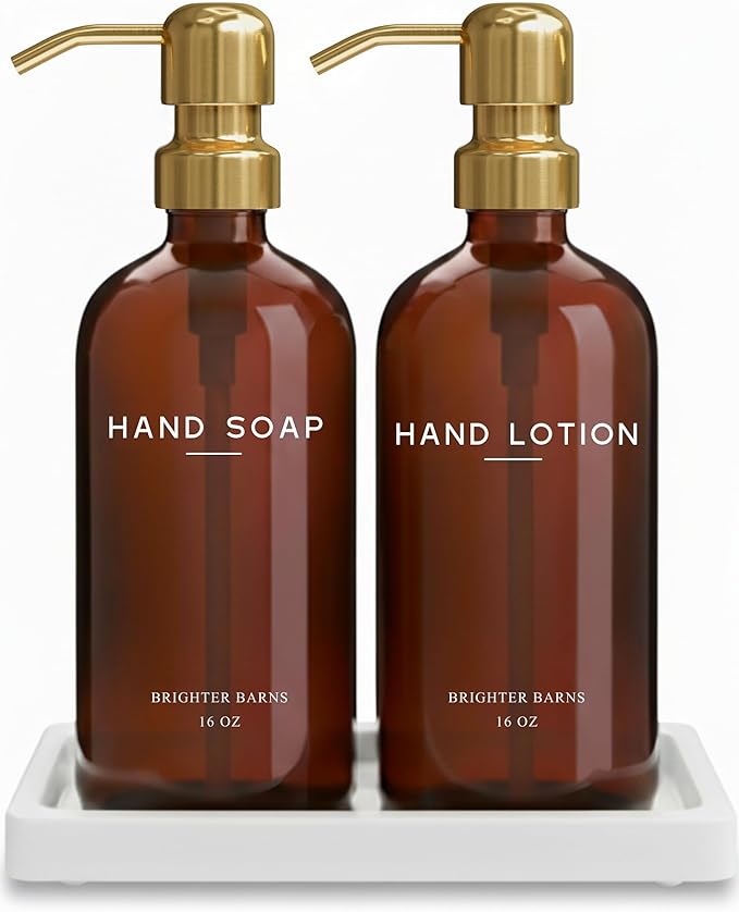 Luxury Glass Soap and Lotion Dispenser Set with Tray by Brighter Barns - Hand Soap Dispenser Bathroom Set w/Stainless Steel Pump - Gold Bathroom Decor for Guest House, Airbnb, Spa, Gift (Amber/Gold)