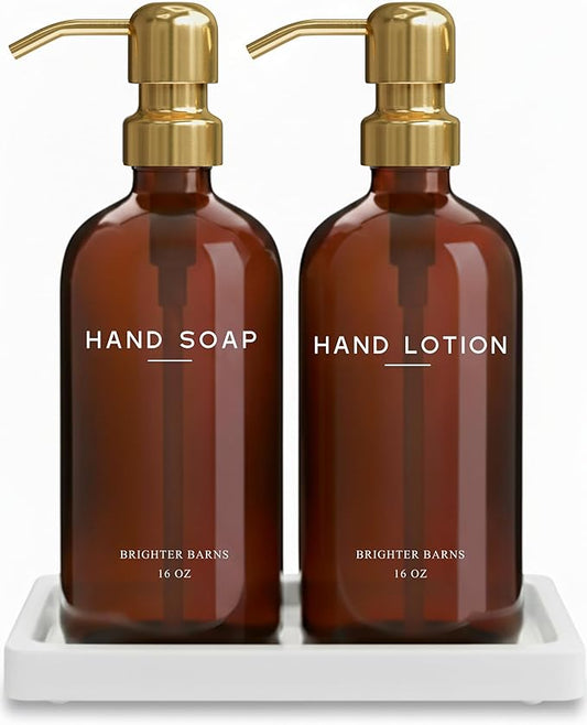 Luxury Glass Soap and Lotion Dispenser Set with Tray by Brighter Barns - Hand Soap Dispenser Bathroom Set w/Stainless Steel Pump - Gold Bathroom Decor for Guest House, Airbnb, Spa, Gift (Amber/Gold)