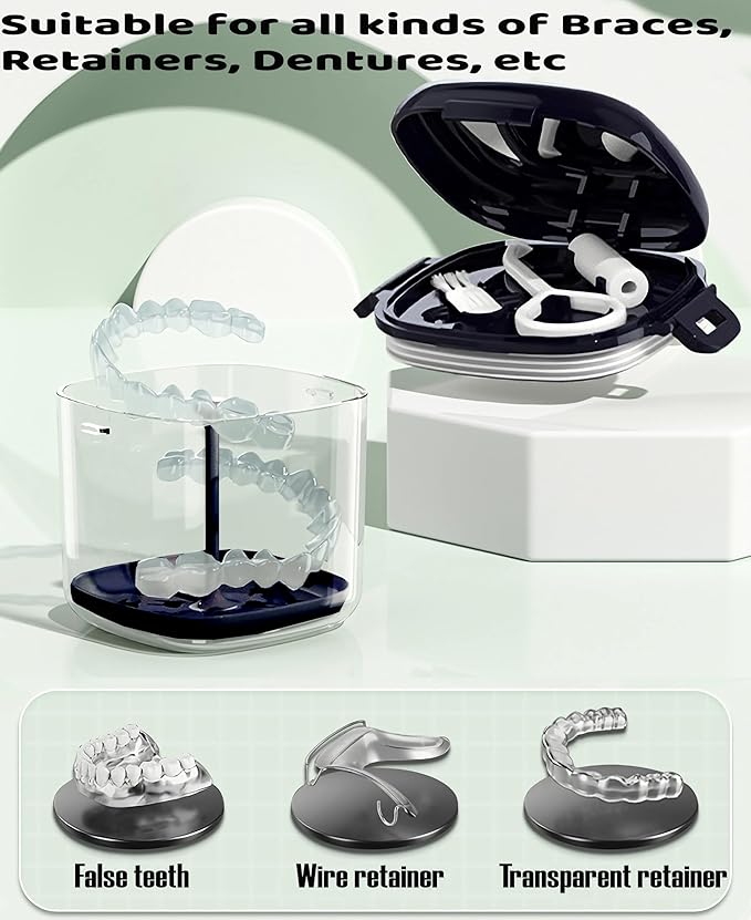 MURRI&MURRDI Retainer Case, Denture Bath Box with Strainer Basket, Mouth Guard Case, Braces Cleaner Cup, Cute Denture Holder Night Guard Storage Soak Container for Travel Cleaning (A Blue)