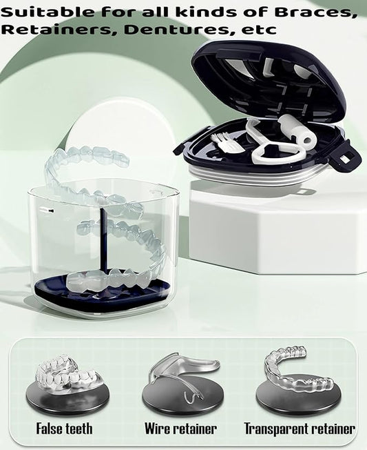 MURRI&MURRDI Retainer Case, Denture Bath Box with Strainer Basket, Mouth Guard Case, Braces Cleaner Cup, Cute Denture Holder Night Guard Storage Soak Container for Travel Cleaning (A Blue)