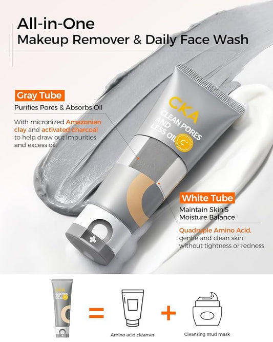 CKA Deep Pore Cleanser, Facial Foam Cleanser Oil Control Makeup Remover 2 in 1 Dual-Chamber, Minimizes Blackhead with Amino Acid, Daily Face Wash for Oily/Sensitive Skin 2 Pack