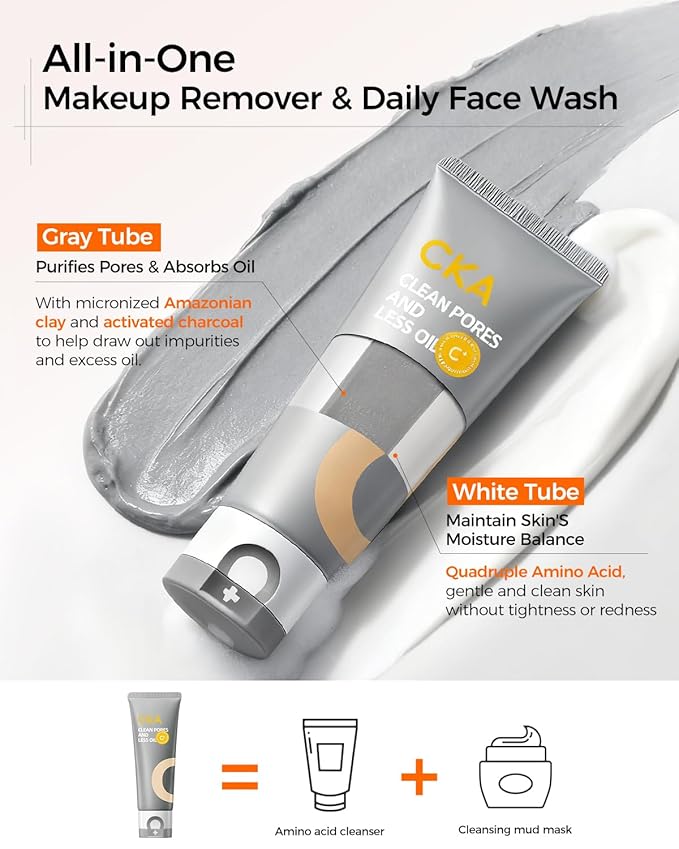 CKA Deep Pore Cleanser, Facial Foam Cleanser Oil Control Makeup Remover 2 in 1 Dual-Chamber, Minimizes Blackhead with Amino Acid, Daily Face Wash for Oily/Sensitive Skin