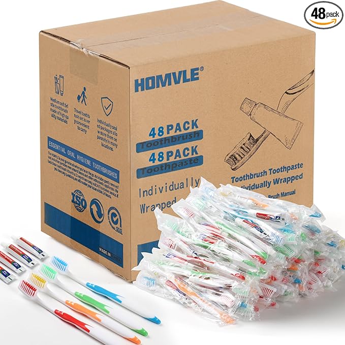 HOMVLE 48 Packs Disposable Toothbrushes with Toothpaste, Individually Wrapped Buld Toothbrush and Toothpaste Buld for Travel Size Toiletries, OCC, Airbnb, Dentist, Office/4 Colorful