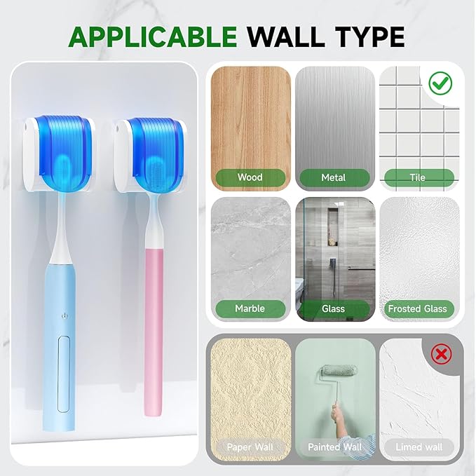 2 Pcs Toothbrush Holders Wall Mounted, Single Slot Design, Shower Self Adhesive Wall Mounted Toothbrush Holder with Cover, Waterproof and Dustproof, Suitable for Bathroom, Family, Travel (Blue)