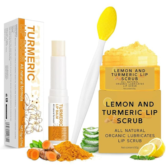 3PCS Turmeric Lemon Lip scrub and Turmeric Lip Balm with Brush Set, Lip Scrubber Exfoliator, Dark Lips Treatment for Smokers, Natural Exfoliator & Moisturizer Cracked, Dull, Reduce Fine Lines Lips