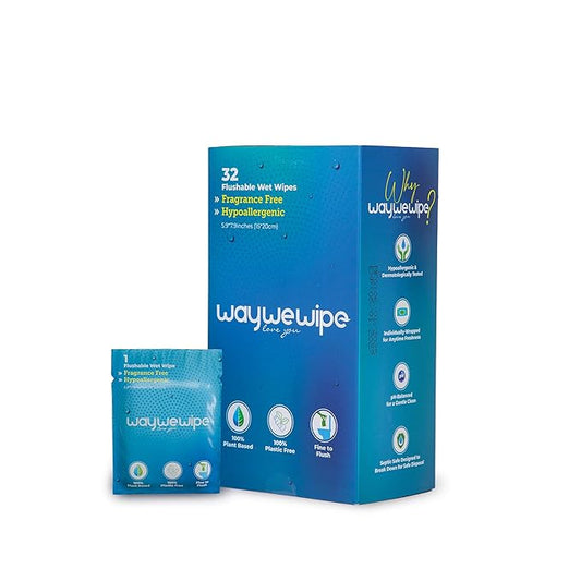 On-The-Go Flushable Wet Wipes, 32 Count XL Individually Wrapped Adult Wipes, Hypoallergenic 100% Plant Based Septic Safe, Travel Size Cleansing Cloth for Men & Women, Fragrance Free (32 Ct)