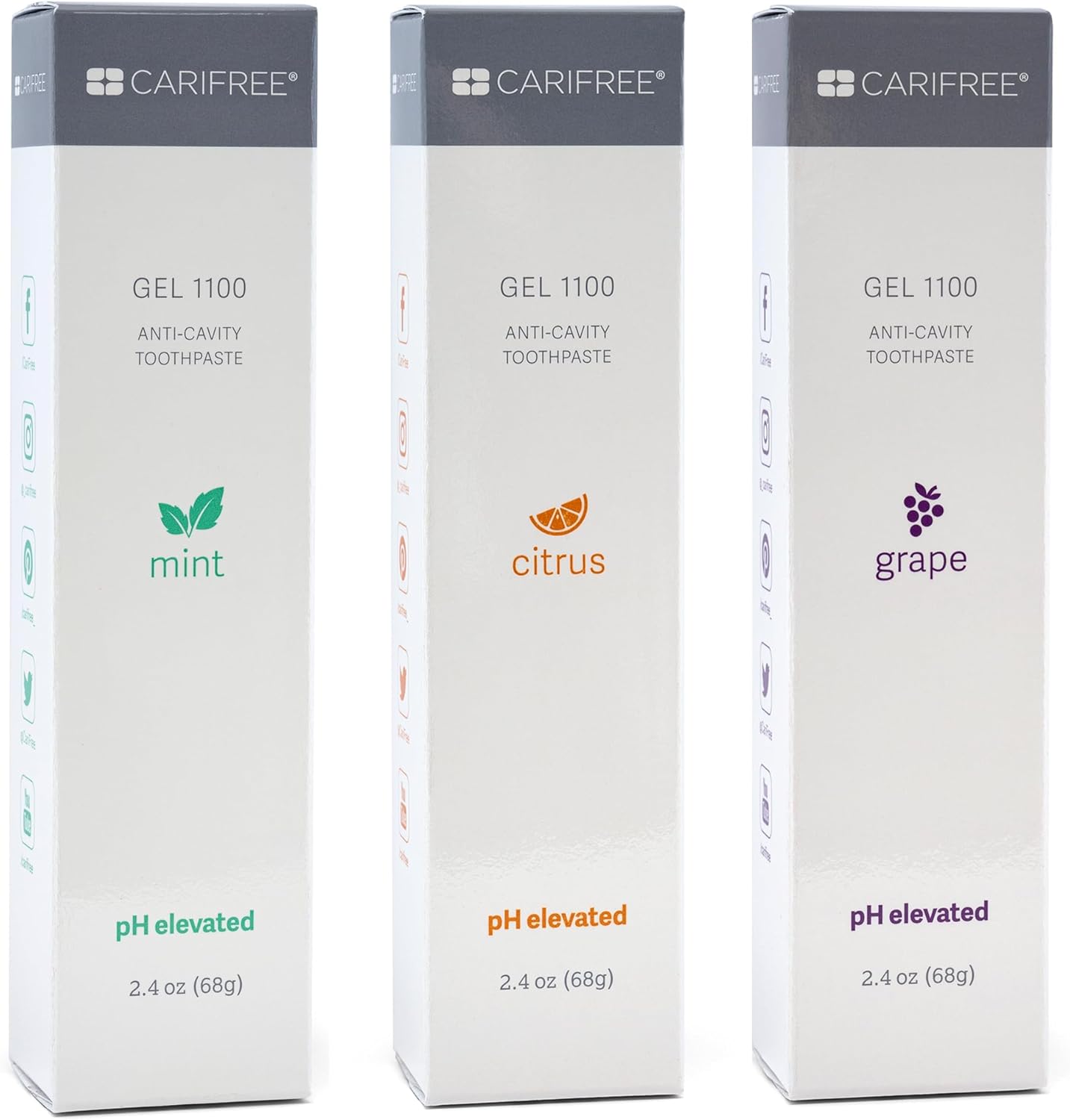 CariFree Gel 1100, Variety Pack with 3 Flavors (Mint, Citrus, Grape), Anti-Cavity Fluoride Toothpaste, Nano Hydroxyapatite for pH Neutralization, Freshens Breath & Moistens Mouth, Dentist Recommended