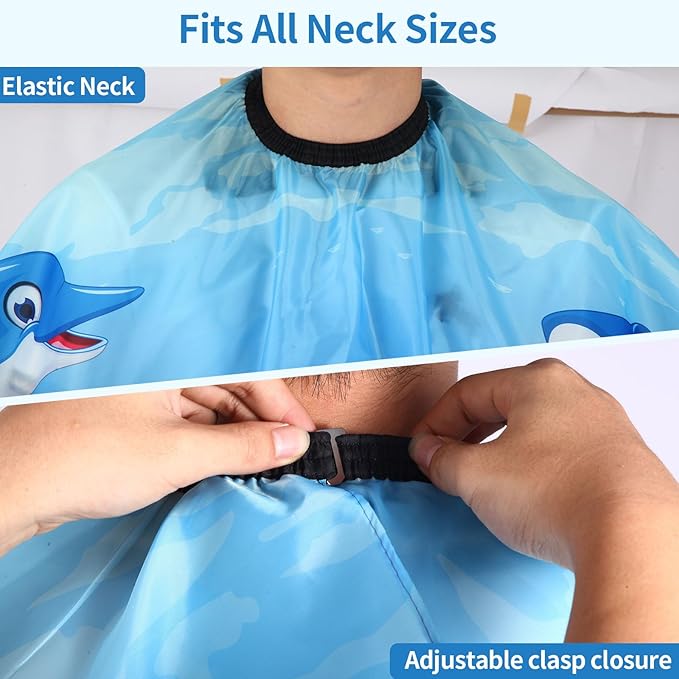Kids Barber Cape with Neck Duster Brush, Professional Salon Hair Cutting Cape with Adjustable Snap Closure(Cartoon Sea Animals)
