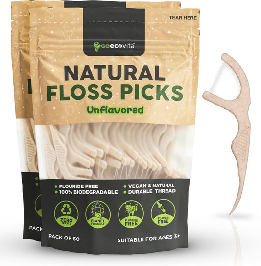Biodegradable Floss Picks (Unflavored) - Natural Straw Wheat Handle | Thin & Durable Thread for Tight Gaps! | Dental Flossers for Adults | Gentle on Gums & Teeth | Eco Friendly, Vegan (100 Pack)