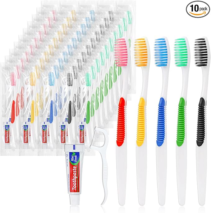 Disposable Toothbrushes with Toothpaste and Floss,10pcs Single Use Individually Wrapped Disposable Travel Toothbrushes and Dental Floss Kit Bulk for Homeless,Airbnb,Dentist,Hotel(5 Colors)