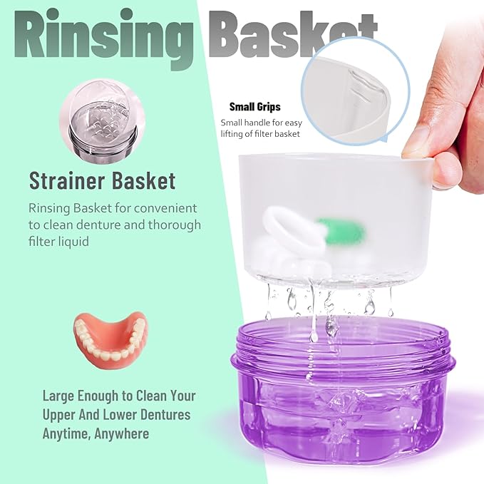 Leak Proof Purple Denture Cups for Soaking Dentures, Partial Denture Bath Case Travel Retainer Cleaning Container Case with Brush for Aligner, Denture, Mouth Guard