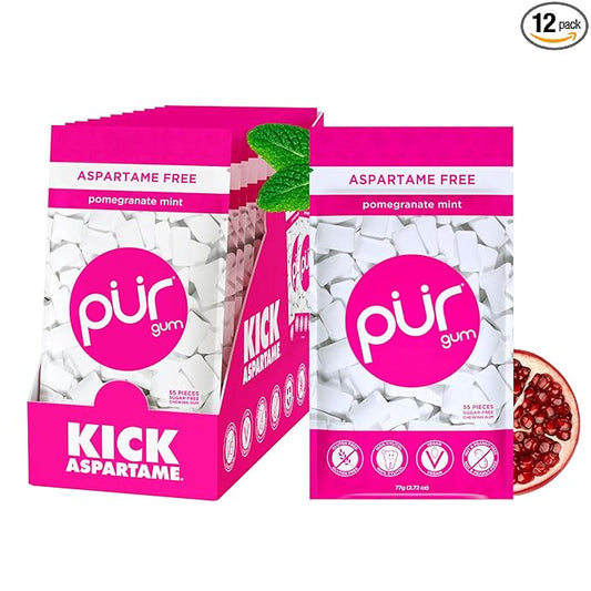 PUR Gum | Aspartame Free Chewing Gum | 100% Xylitol | Natural Pomegranate Mint Flavored Gum, 55 Pieces (Pack of 12)
