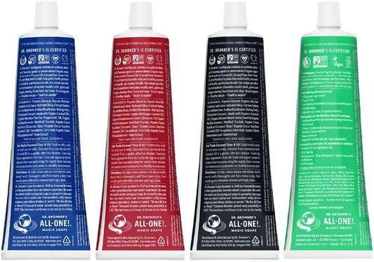 Dr. Bronner's All-One Toothpaste 4-Pack Variety– (Peppermint, Spearmint, Cinnamon, Anise, 5oz Each)– 70% Organic Ingridients, SLS Free Toothpaste, Fluoride Free, Natural, Vegan, for Sensitive Teeth