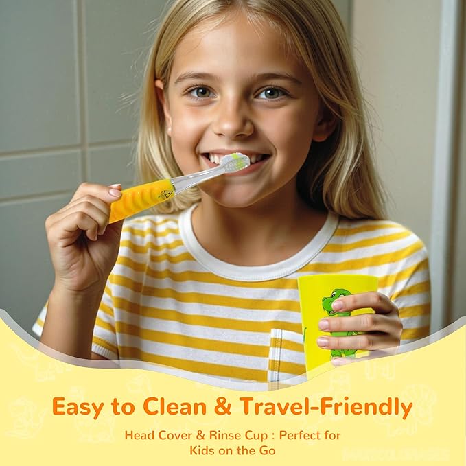 Lily's Home Kids Toothbrush with Flashing Timer and Soft Bristles, Rinsing Cup & Cover - Fun 2-Min Light-Up Timer for Children - Toddler Soft Toothbrush Kit (Dinosaur)