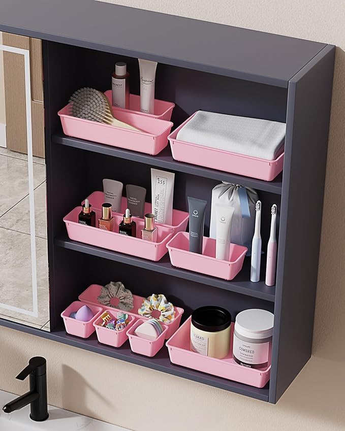 25 PCS Plastic Drawer Organizers Set, 4-Sizes Vanity and Makeup Organizer, Desk and bathroom Drawer Organizer Trays, Organizers and Storage for Makeup, Jewelry, Gadgets, Utensils (Pink)