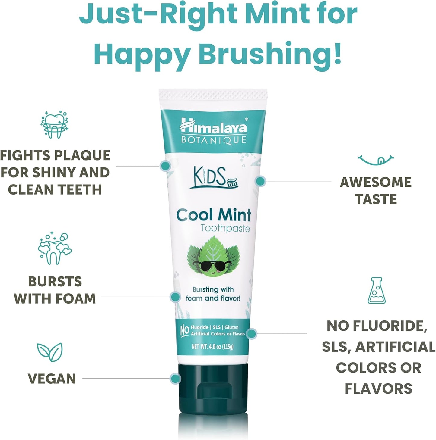 Himalaya Botanique Kids Toothpaste, Herbal, Cool Mint Flavor, Fights Plaque, Fluoride & SLS Free, Gentle, No Artificial Colors, Gluten & Cruelty Free, Vegan, Foaming, 4 Oz, 2 Pack