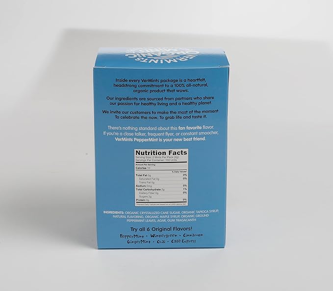 VerMints Organic Breath Mints PepperMint Candy Mints - Real Ingredients, Lasting Refresh - Travel Size Candies - Non-GMO, Vegan, Nut Free, Gluten Free & Kosher Peppermints - 100 Packets