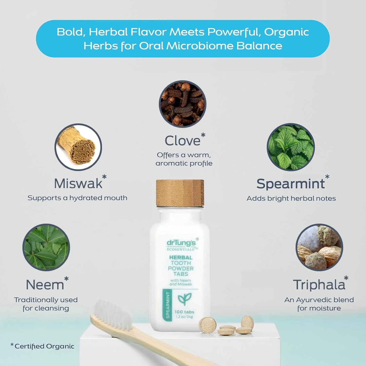 drTung's Herbal Toothpaste Tablets - Toothpaste Tabs for Dry Mouth Relief, Natural Tooth Powder Tablets for Fresh Breath, Fluoride Free, Travel Size, Vegan, Non-GMO - Spearmint (100 Tabs)