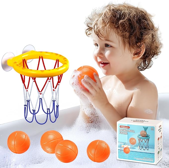 Bath Toys, Bathtub Basketball Hoop for Toddler Kids - 5 Soft No-Hole Balls, Yellow Duck Cartoon Style with Strong Suction Cups, Baby Shower Toy Set for Boys & Girls, Gift-Ready