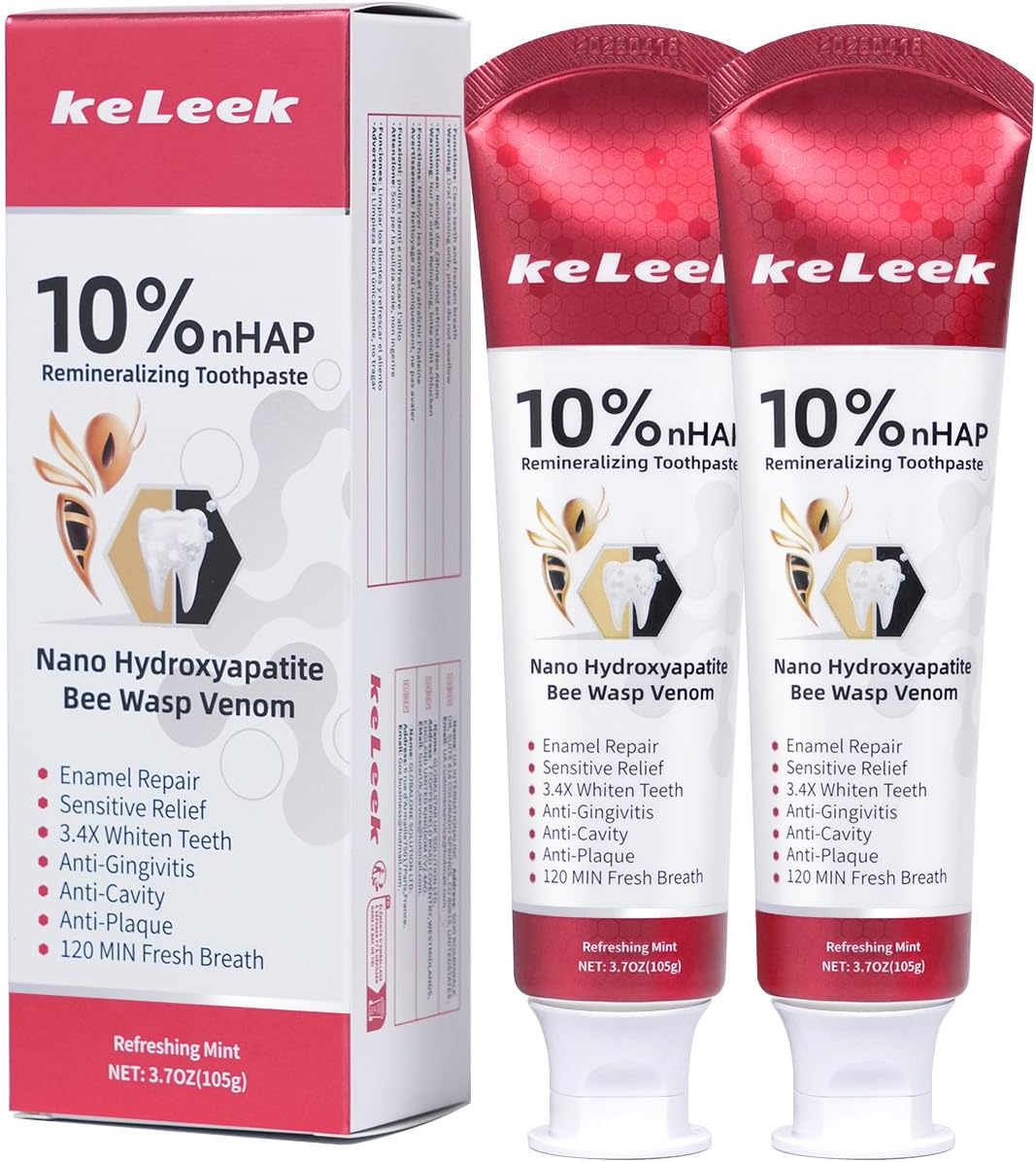 2PCS 10% Nano-Hydroxyapatite Bee Wasp Venom Toothpaste for Remineralizing Enamel & Sensitive Relief,Gingivitis Bleeding Gum Treatment, Fights Plaque,Whitening Teeth - 120MIN Fresh Breath