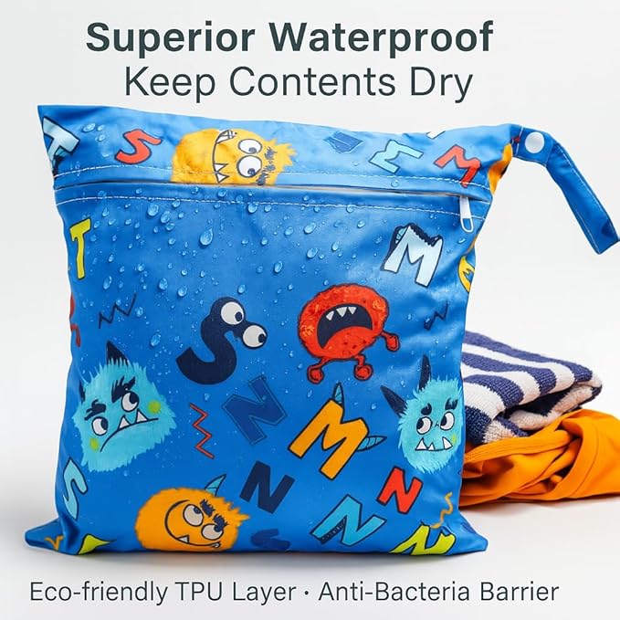 Waterproof Wet Dry Bag, Reusable Diaper Pouch with Zipper, Machine Washable Travel Organizer for Beach, Daycare, Kids, Dinosaur Pattern (Blue Monster)