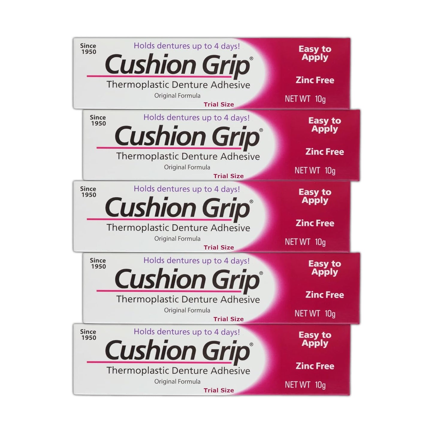 Cushion Grip Thermoplastic Denture Adhesive, 0.35 oz Travel Size (Pack of 5) – Refits and Tightens Loose Dentures for Up to 4 Days | Non-Glue, Zinc-Free, Waterproof Formula, Acts Like a Soft Reliner
