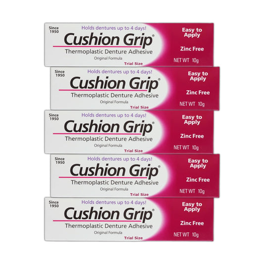 Cushion Grip Thermoplastic Denture Adhesive, 0.35 oz Travel Size (Pack of 5) – Refits and Tightens Loose Dentures for Up to 4 Days | Non-Glue, Zinc-Free, Waterproof Formula, Acts Like a Soft Reliner