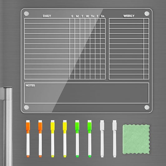 PigPotParty Magnetic Chore Chart for Adults & Teens & Kids on Fridge – 12"x9.5" Acrylic Dry Erase Chore Board with Daily, Weekly & Notes Sections – Includes 8 Fine Point Markers & Towel