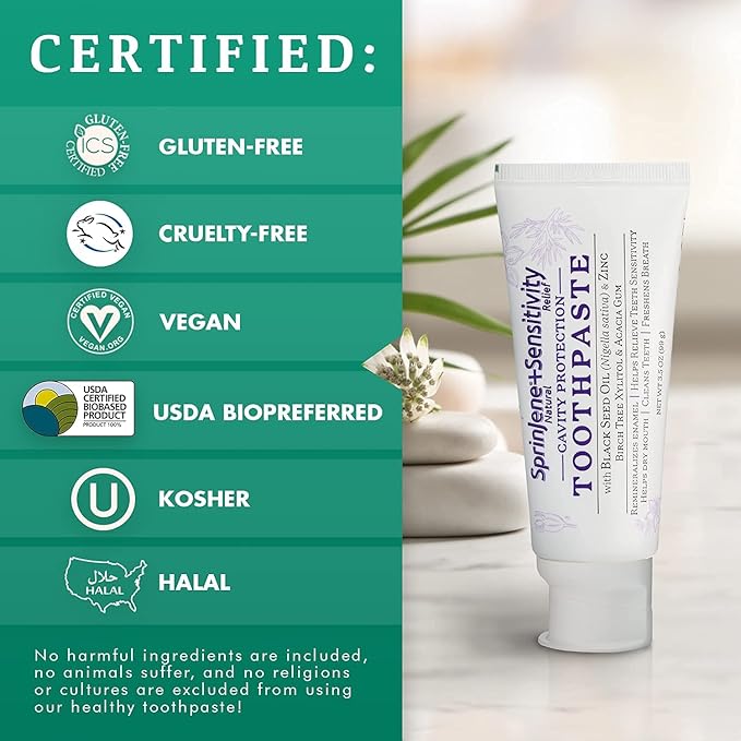 SprinJene Natural Sensitivity Relief, Fluoride Toothpaste for Sensitive Teeth & Gum (1 Pack) + Electric Toothbrush with Wireless Charger & 2 Replacement Heads