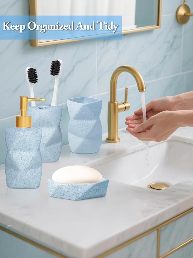 Bathroom Accessories Set,4 Pcs Bathroom Accessory Set,Includes Lotion Soap Dispenser,Toothbrush Holder,Tumbler,Soap Dish,Ceramic Bathroom Sets Complete,Bathroom Sink Set for Modern Home Decor(Blue)