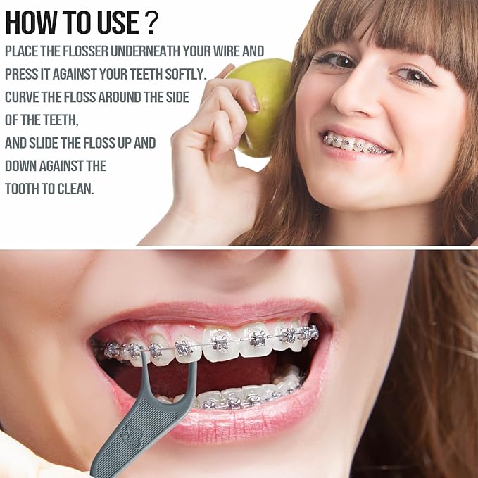 Dr. Emma Orthodontic Flossers for Braces, Ortho Dental Floss Picks, Mint Flavor 60 Count/Bag (Gray, 2pack)