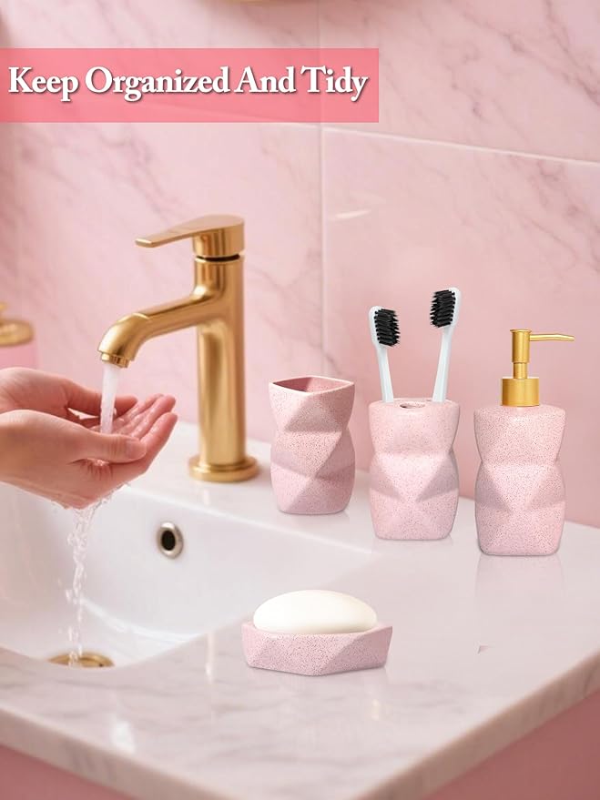 Bathroom Accessories Set,4 Pcs Bathroom Accessory Set,Includes Lotion Soap Dispenser,Toothbrush Holder,Tumbler,Soap Dish,Ceramic Bathroom Sets Complete,Bathroom Sink Set for Modern Home Decor(Pink)