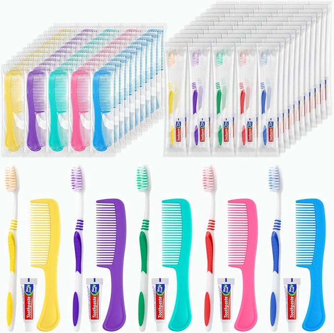 Disposable Toothbrushes with Toothpaste and Comb in Bulk, Individually Wrapped Soft Bristle Travel Size Basic Hygiene Kits, for Travel Hotel Camping Charity Homeless Shelter Donation in 5 colors (200)