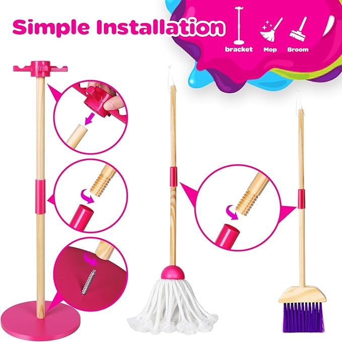 Wooden Toy Cleaning Set ,8Pcs Kids Cleaning Set, Includes Broom, Dustpan, Brush, Mop, Duster, Sponge, Rag and Hanging Stand, Pretend Play Children House Cleaning Toys for Toddlers