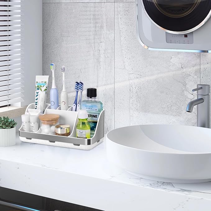 Toothbrush Holders for Bathrooms Countertop Organizer - Kids Electric Toothbrush and Toothpaste Holder Detachable 7 Slots Tooth Brush Organization Bathroom Accessories Storage Vanity, Silver