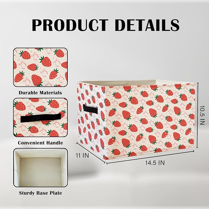 Pink Bow Strawberry Storage Basket Bins With Handles for Girls Kids, Preppy Pink Bow Aesthetic Foldable Organizer Basket Toybox for Girls Room Nursery Bedroom Bathroom Clothes Toys Books