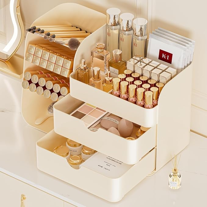 Makeup Organizer with Brush Holder for Vanity,Countertop Makeup Organizer with Drawers,Spacious Cosmetic Display Case,Perfect Storage Solution for Your Beauty Essential (Cream, Large)