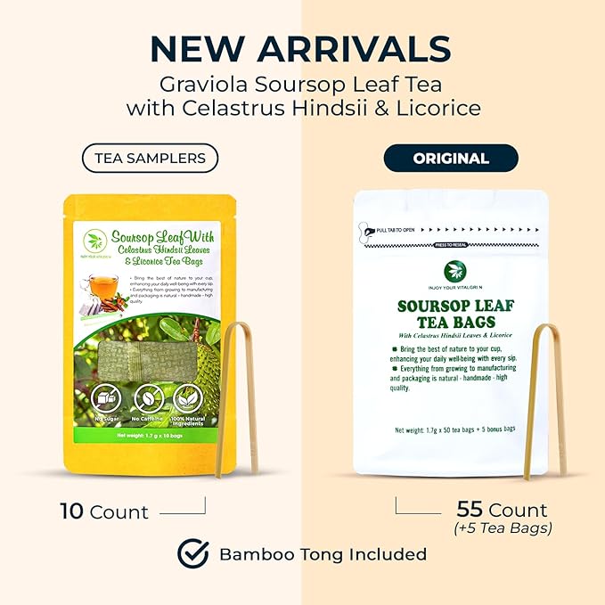 Graviola Soursop Leaf Tea Samplers with Celastrus Hindsii & Licorice - 10 Count + Bamboo Tong, Corn Based Tea Bags, Natural Herbal Tea for Comfort Relax, Re-Steep Hoja De Guanabana