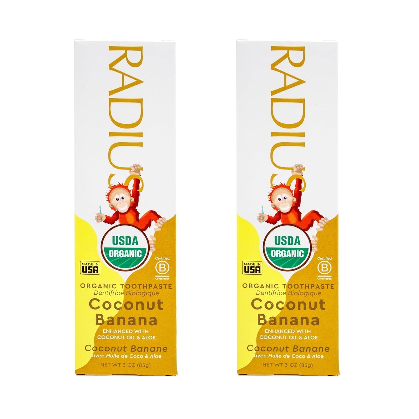 RADIUS Children's Toothpaste, Coconut Banana, 3 oz, Non-Toxic Chemical-Free Gluten-Free, Designed to Improve Gum Health & Prevent Cavities, Pack of 2