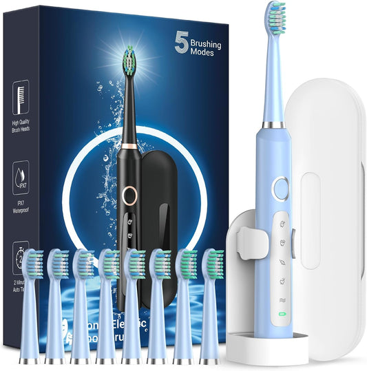 Rtauys Rechargeable Sonic Electric Toothbrush for Adults with 8 Heads, Travel Case, Whitening - Light Blue
